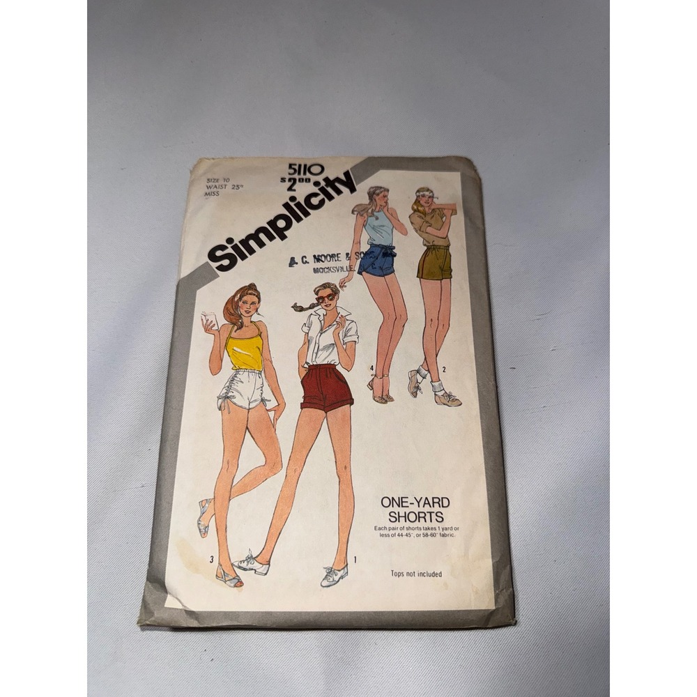 Simplicity‎ 5110 Vintage 80s One Yard Shorts Sewing Pattern Size 10 Waist 25